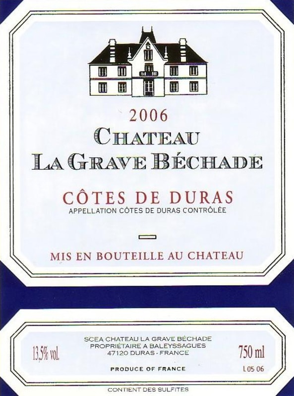 Chateau la Grave Bechade Cotes de Duras 2006 Front Label