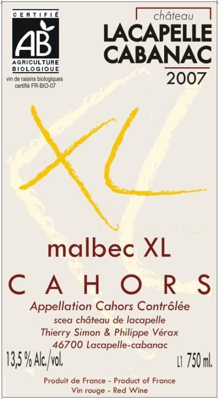 Chateau Lacapelle Cabanac Cahors XL Malbec 2007 Front Label