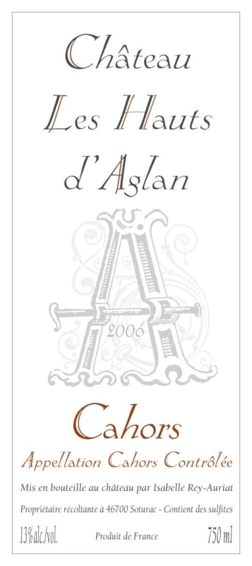 Chateau les Hauts d'Aglan Cahors Cuvee A 2006 Front Label