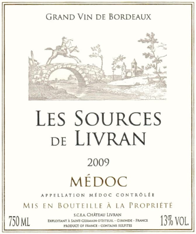 Chateau Livran Medoc Les Sources de Livran 2009 Front Label