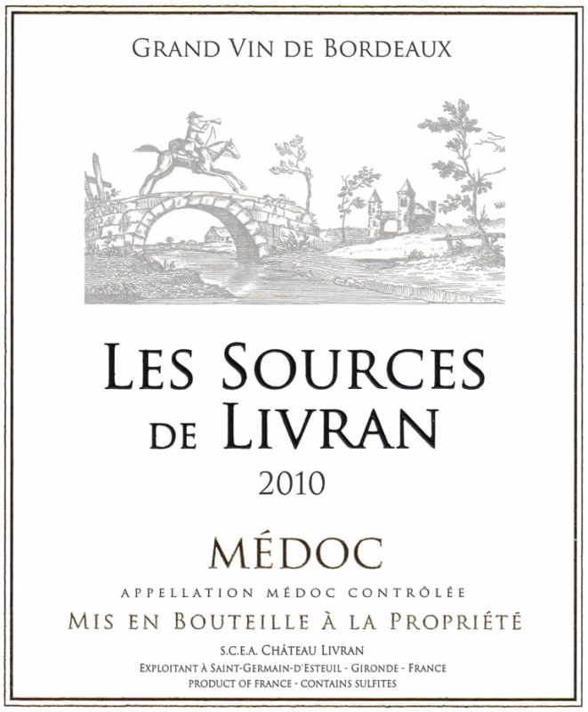Chateau Livran Medoc Les Sources de Livran 2010 Front Label