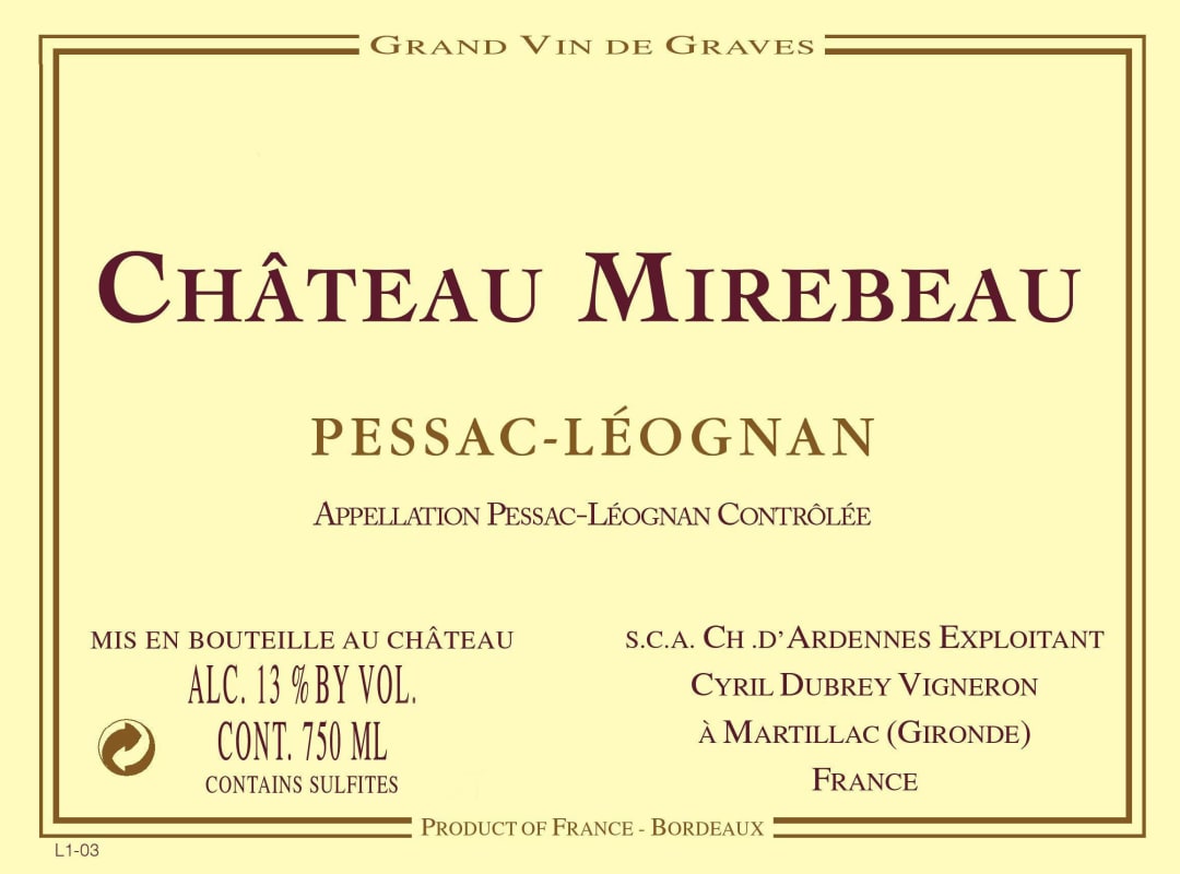 Chateau Mirebeau Pessac-Leognan 2009 Front Label