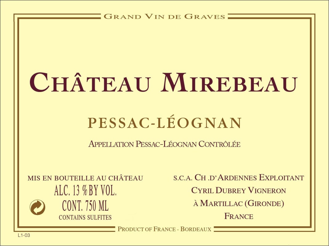 Chateau Mirebeau Pessac-Leognan 2012 Front Label