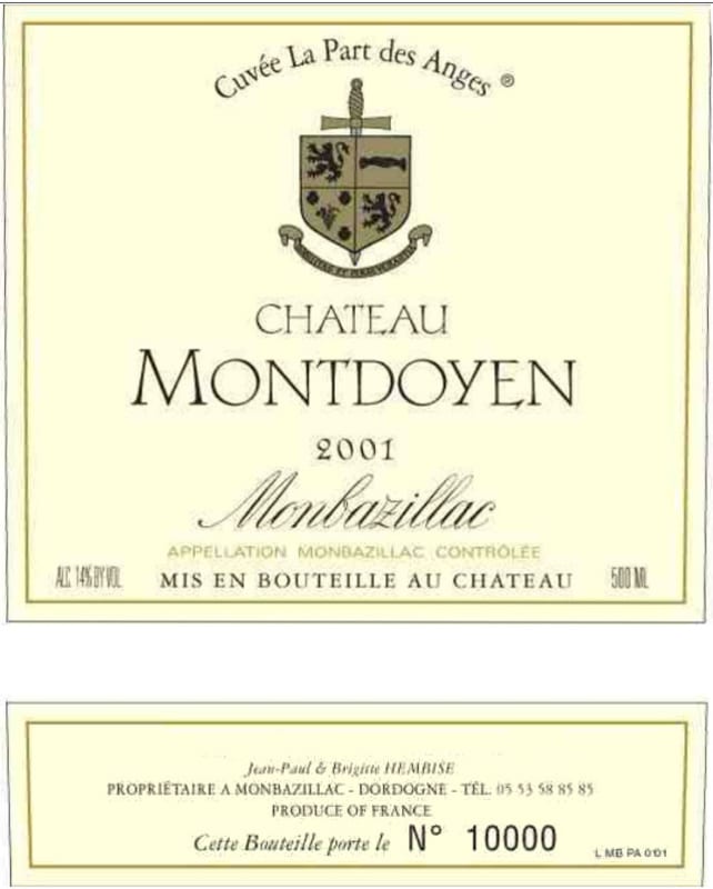 Chateau Montdoyen Monbazillac Cuvee La Part des Anges 2001 Front Label