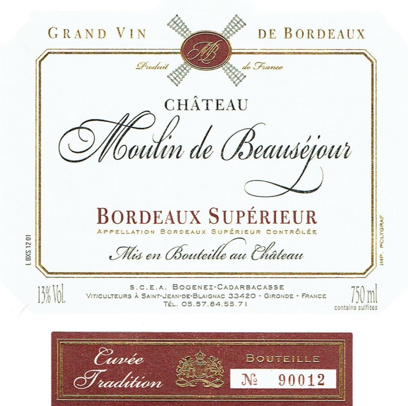 Chateau Moulin de Beausejour Bordeaux Superieur 2015 Front Label