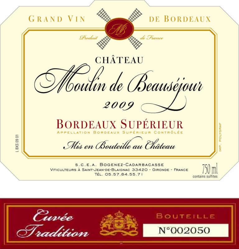 Chateau Moulin de Beausejour Bordeaux Superieur 2009 Front Label