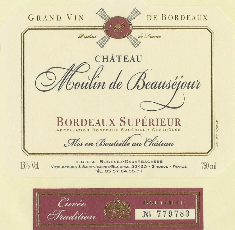 Chateau Moulin de Beausejour Bordeaux Superieur 2005 Front Label