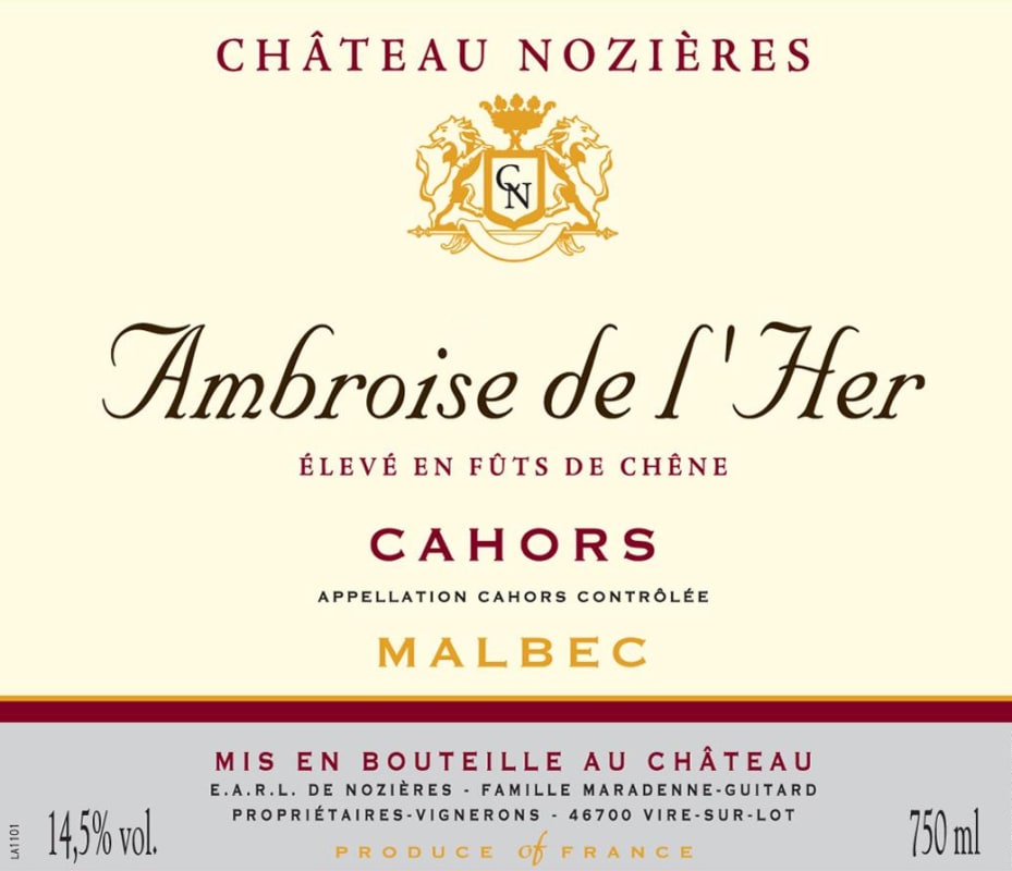 Chateau Nozieres Ambroise de l'Her 2012 Front Label