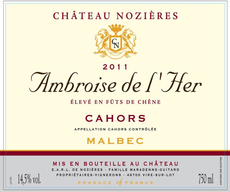 Chateau Nozieres Ambroise de l'Her 2011 Front Label