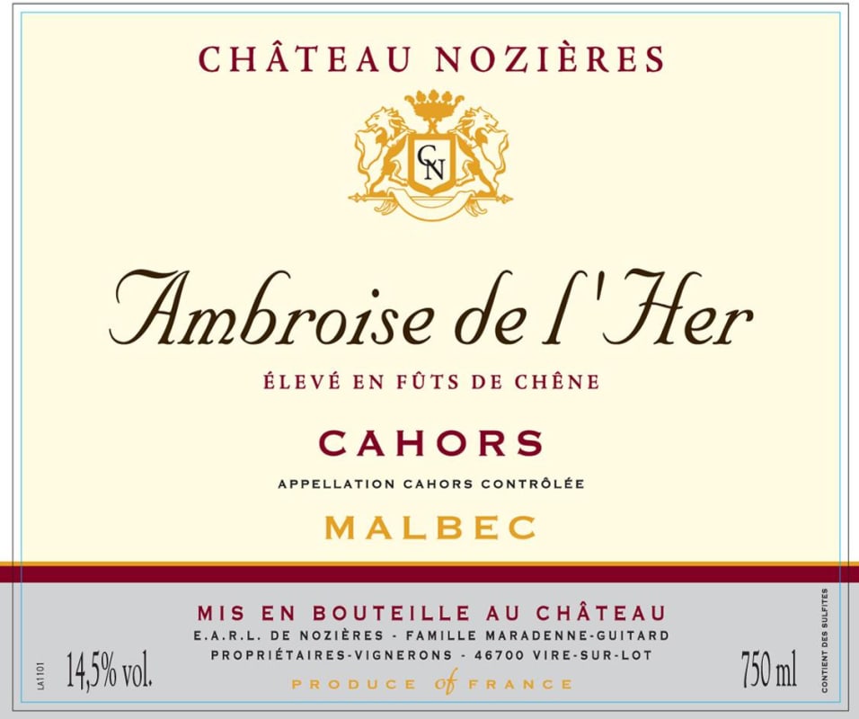 Chateau Nozieres Ambroise de l'Her 2014 Front Label