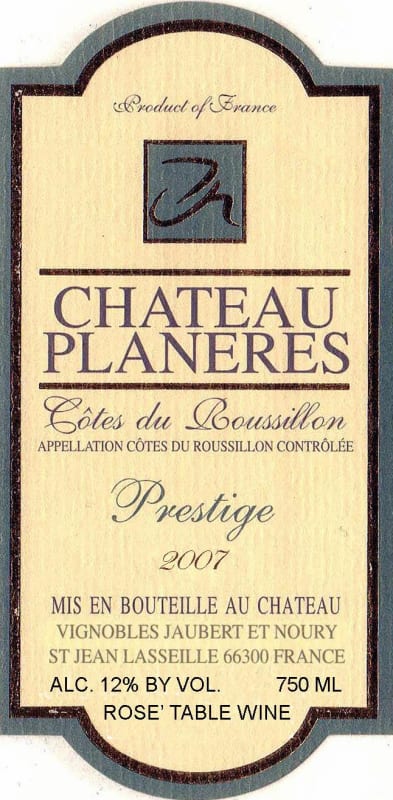Chateau Planeres Cotes du Roussillon Prestige 2007 Front Label