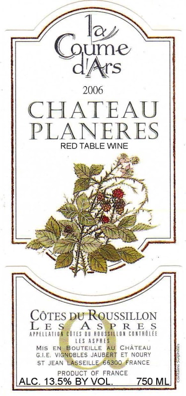 Chateau Planeres Cotes du Roussillon Coume d'Ars 2006 Front Label