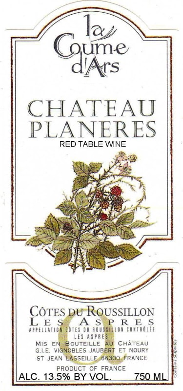 Chateau Planeres Cotes du Roussillon Coume d'Ars 2007 Front Label