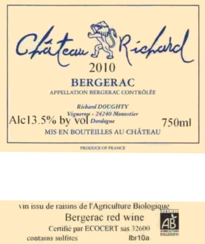 Chateau Richard Bergerac 2010 Front Label