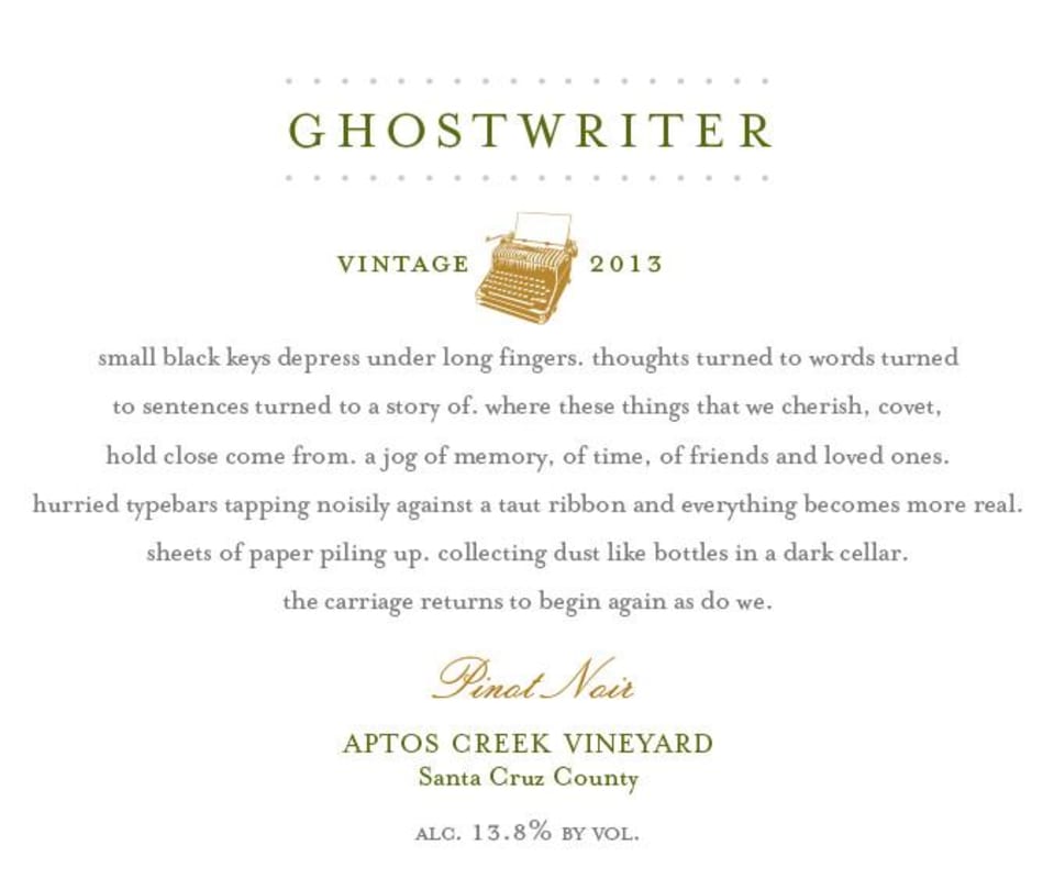 Ghostwriter Aptos Creek Vineyard Pinot Noir 2013 Front Label