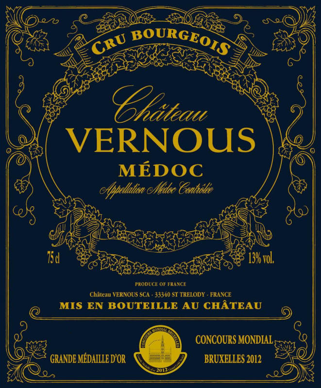 Chateau Vernous Medoc 2012 Front Label