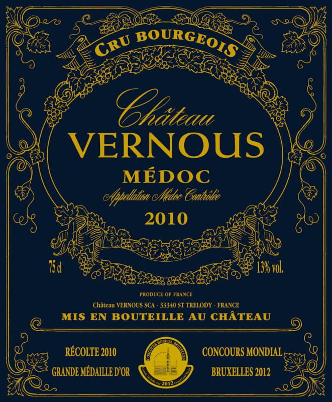 Chateau Vernous Medoc 2010 Front Label