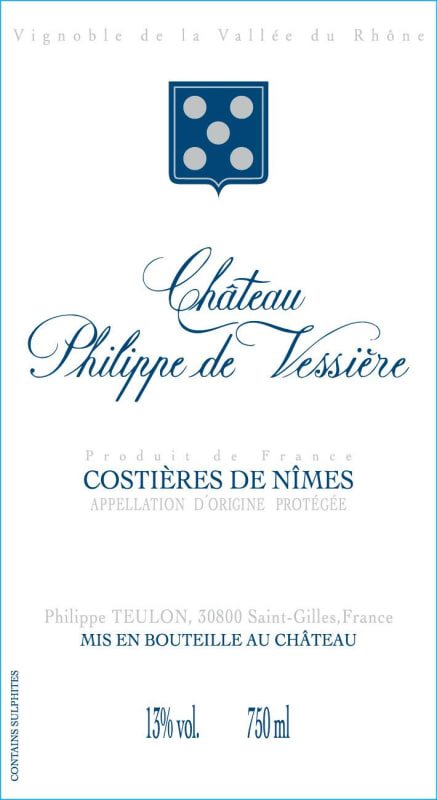 Chateau Vessiere Costieres de Nimes Philippe de Vessiere Rouge 2010 Front Label
