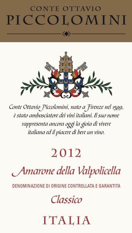 Conte Ottavio Piccolomini d'Aragona srl Amarone della Valpolicella Classico Piccolomini 2012 Front Label