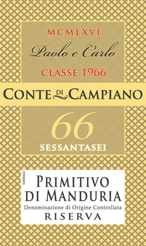 Contri Spumanti S.P.A. Primitivo di Manduria Sessantasei 66 Riserva 2011 Front Label
