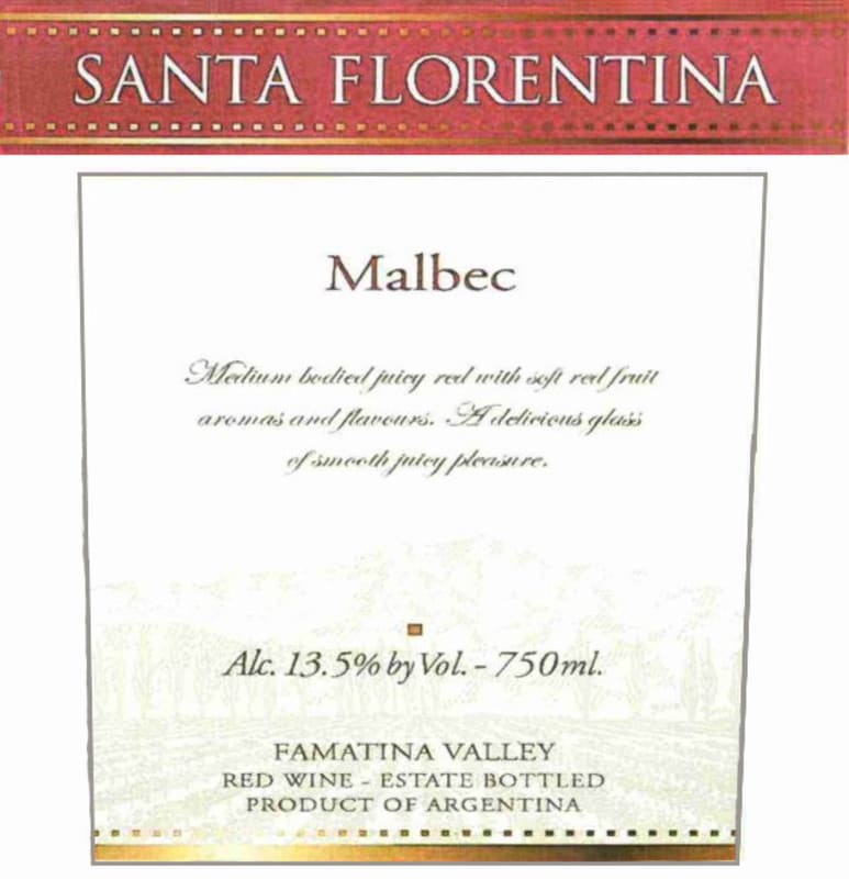 Cooperativa La Riojana Santa Florentina Malbec 2015 Front Label