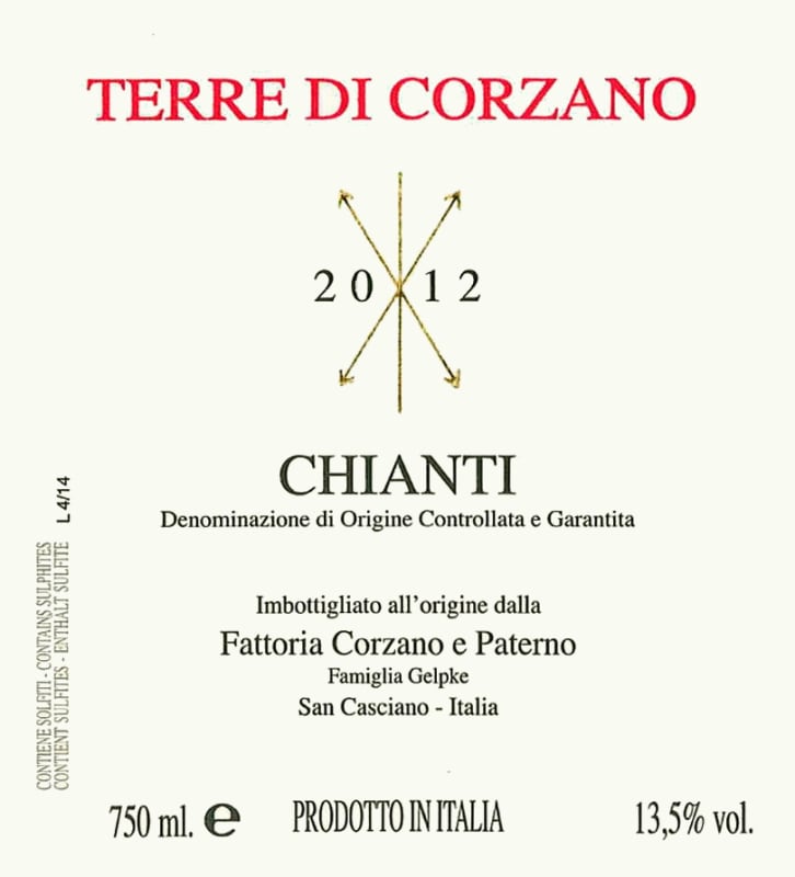 Corzano e Paterno Chianti Terre di Corzano 2012 Front Label
