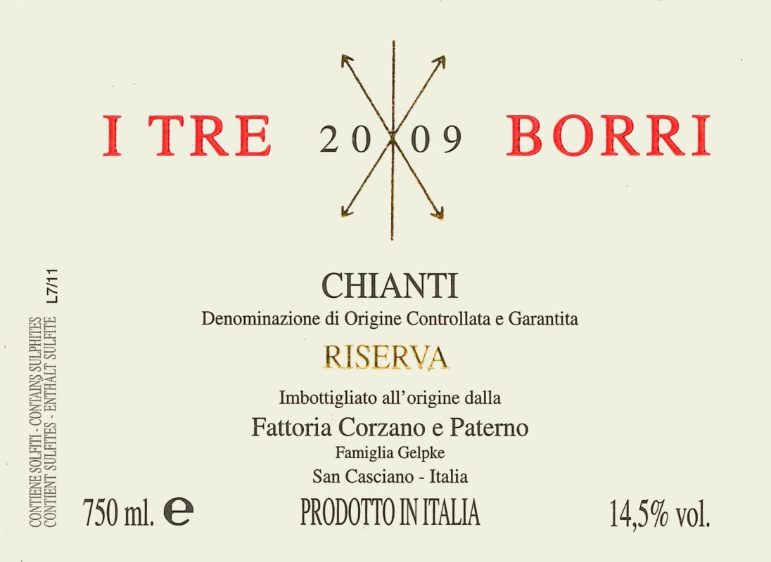 Corzano e Paterno Chianti I Tre Borri Riserva 2009 Front Label