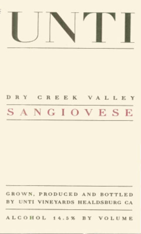 Unti Dry Creek Valley Riserva Sangiovese 2012 Front Label