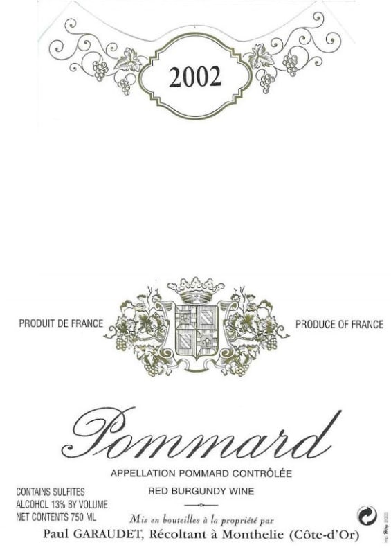 Domain Paul Garaudet Pommard 2002 Front Label