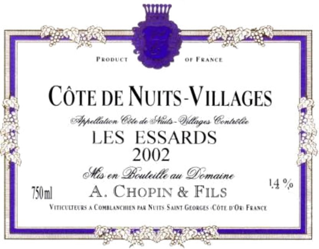 Domaine A. Chopin & Fils Cote de Nuits-Villages Les Essards 2002 Front Label