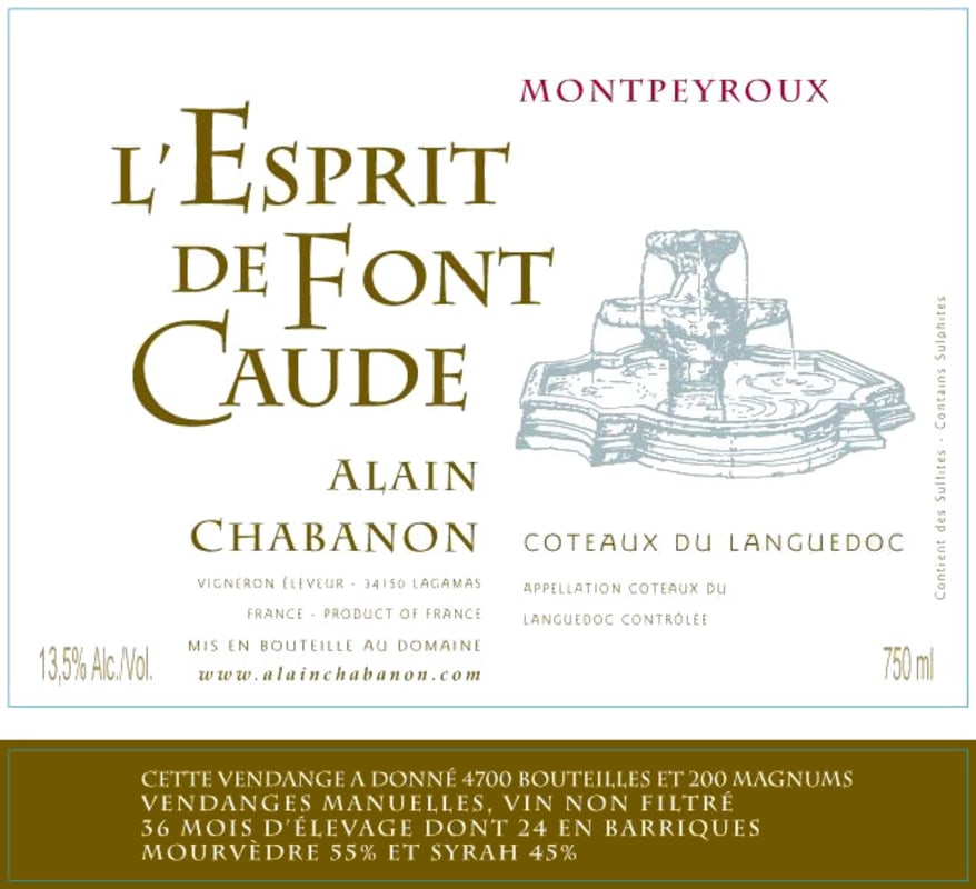 Domaine Alain Chabanon Montpeyroux L'Esprit de Font Caude 2011 Front Label