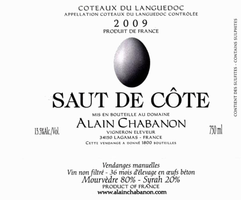 Domaine Alain Chabanon Coteaux du Languedoc Saut de Cote 2009 Front Label