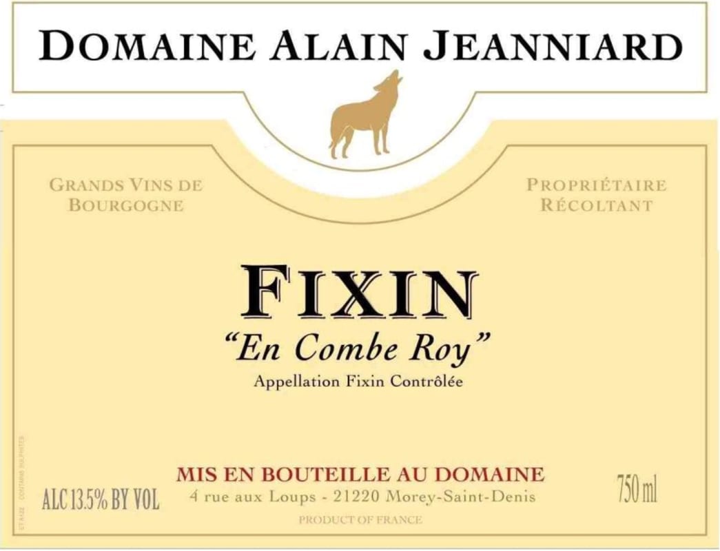 Domaine Alain Jeanniard Fixin Combe Roy 2012 Front Label