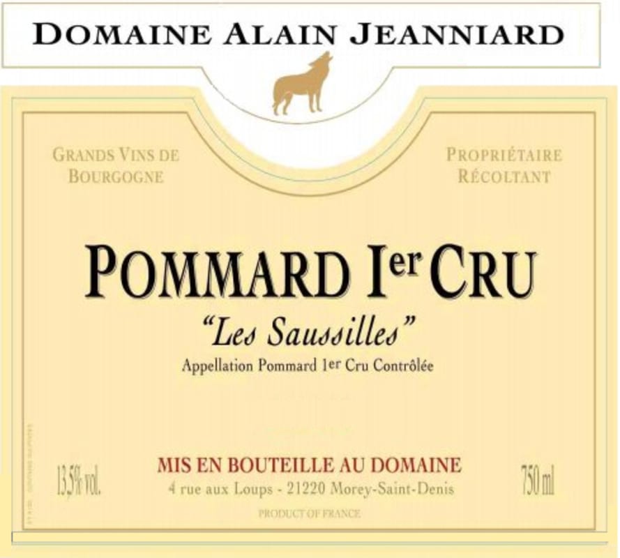 Domaine Alain Jeanniard Pommard Les Saussilles Premier Cru 2012 Front Label