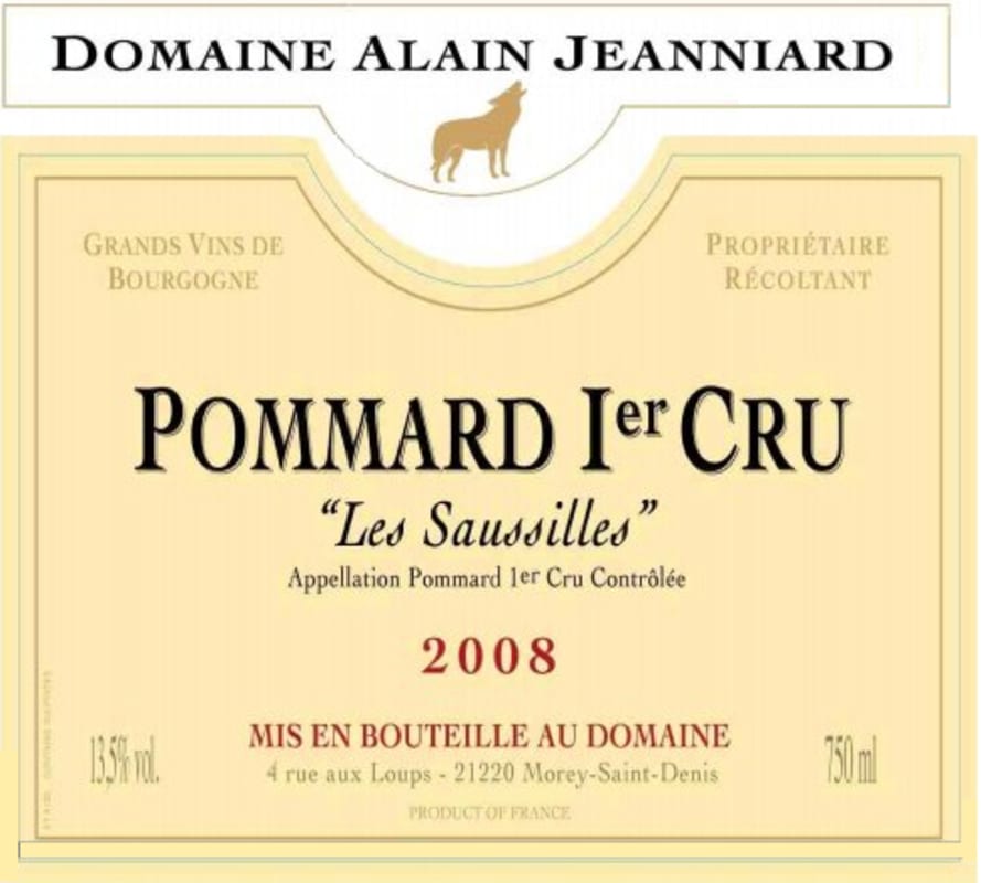 Domaine Alain Jeanniard Pommard Les Saussilles Premier Cru 2008 Front Label
