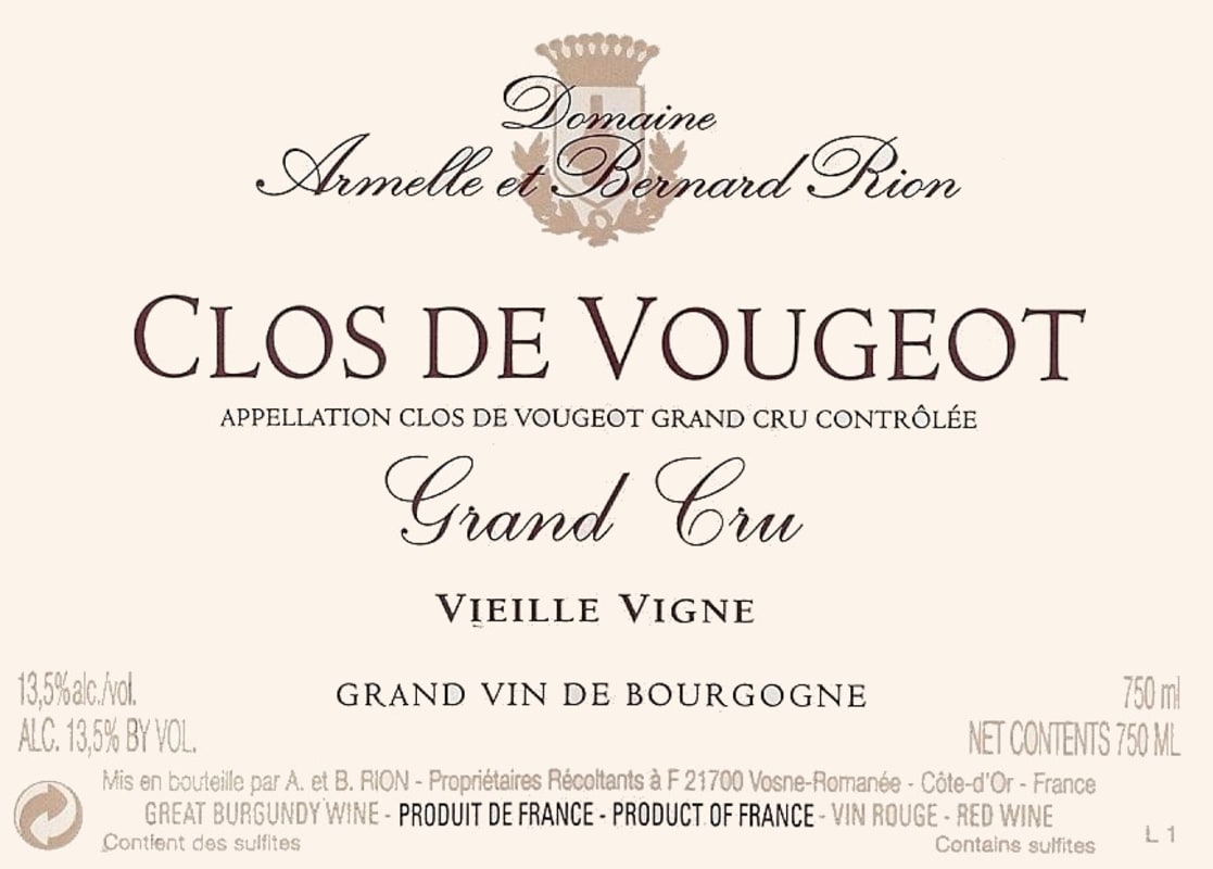 Domaine Armelle et Bernard Rion Clos de Vougeot Grand Cru 2012 Front Label