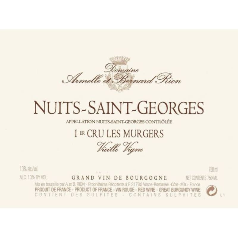 Domaine Armelle et Bernard Rion Nuits-Saint-Georges Les Murgers Vieille Vigne Premier Cru 2013 Front Label