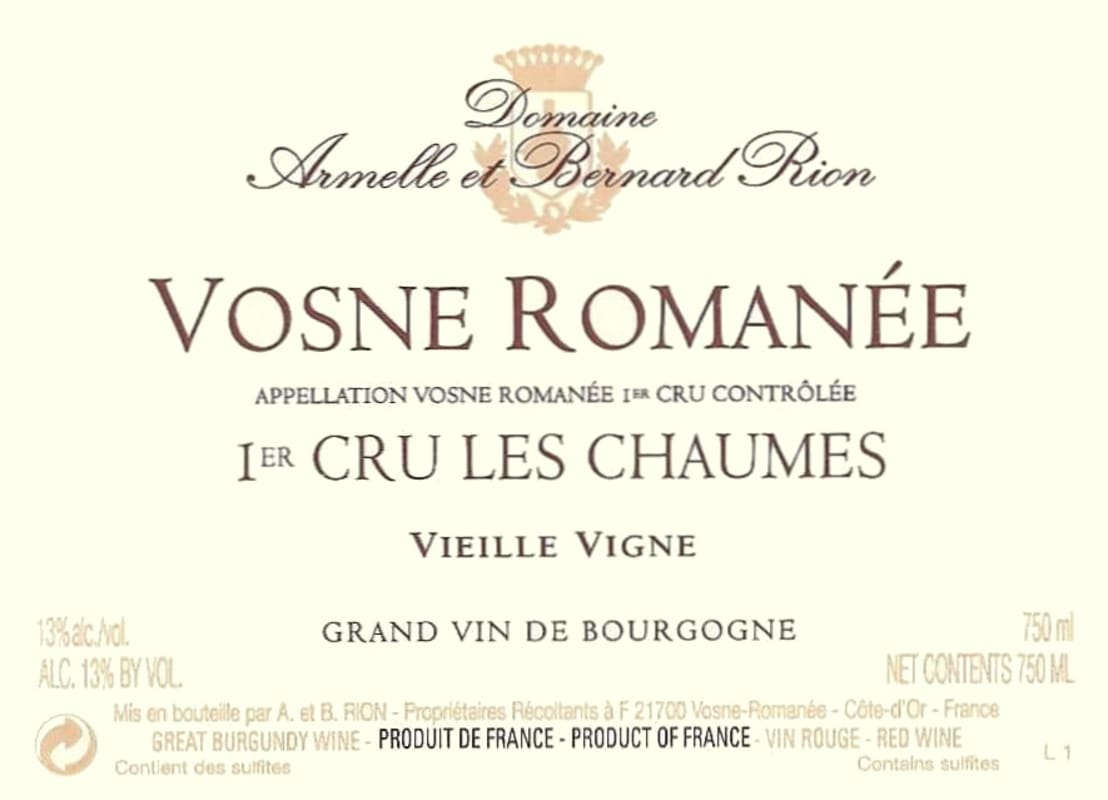 Domaine Armelle et Bernard Rion Vosne Romanee Les Chaumes Vieilles Vignes Premier Cru 2015 Front Label