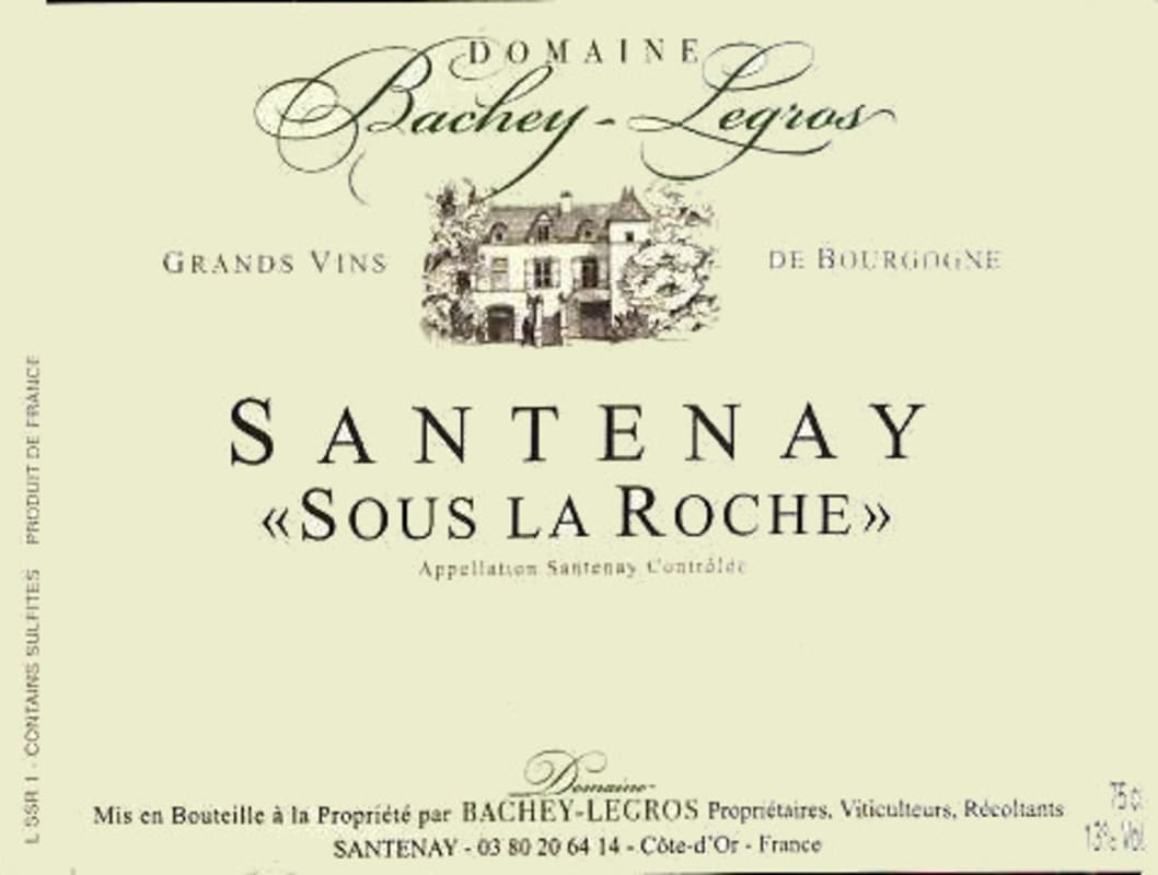 Domaine Bachey-Legros Santenay Sous La Roche 2012 Front Label