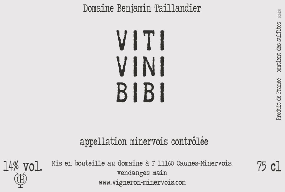 Domaine Benjamin Taillandier Minervois Viti Vini Bibi 2014 Front Label