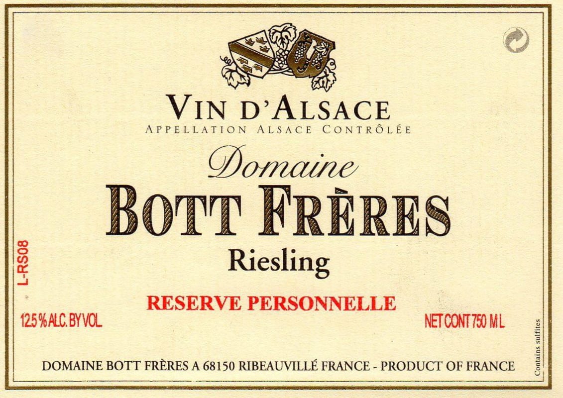 Domaine Bott Freres Personnelle Reserve Riesling 2013 Front Label