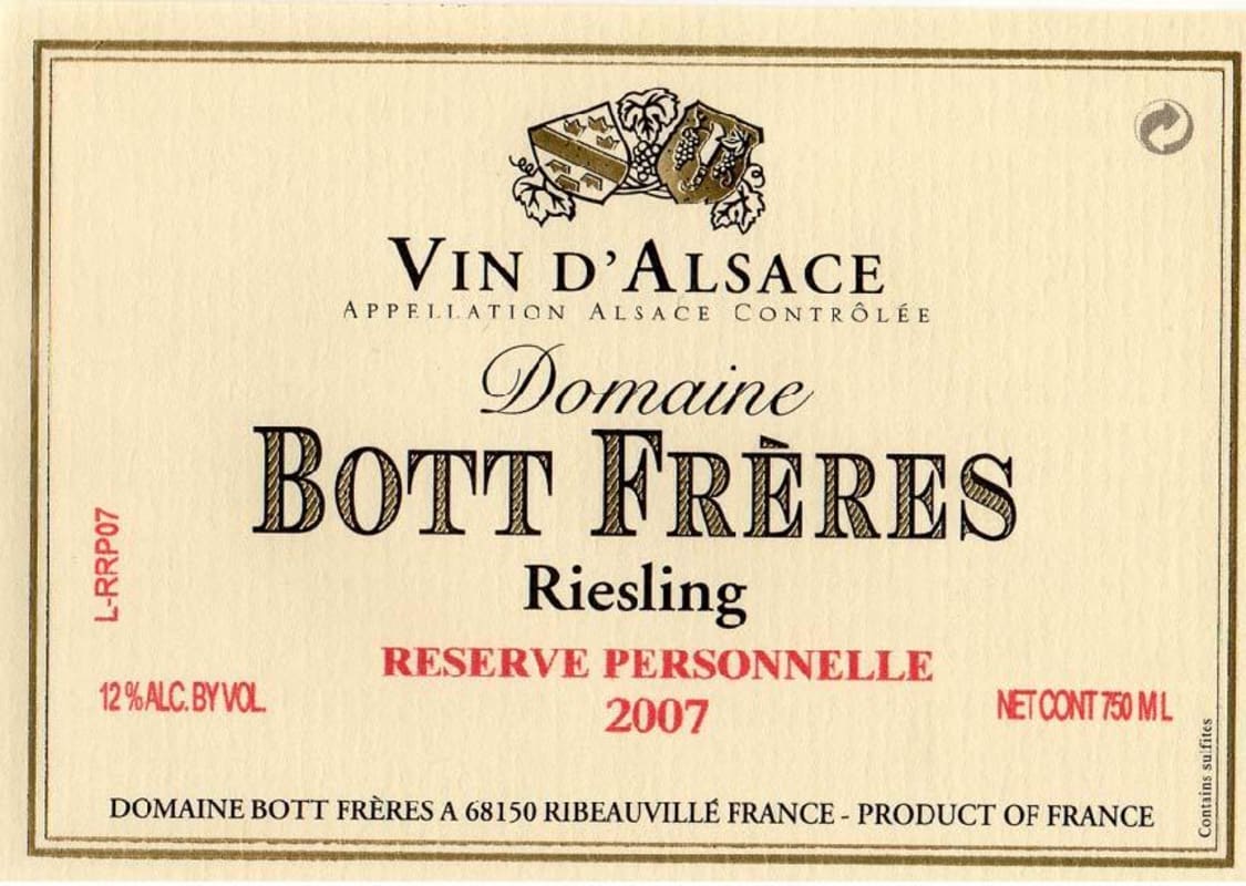 Domaine Bott Freres Personnelle Reserve Riesling 2007 Front Label