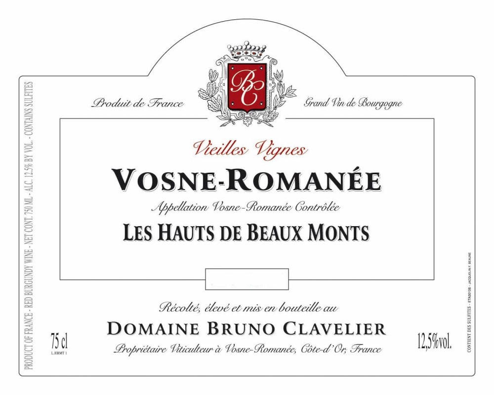 Domaine Bruno Clavelier Vosne-Romanee Les Hautes de Beaux Monts 2012 Front Label