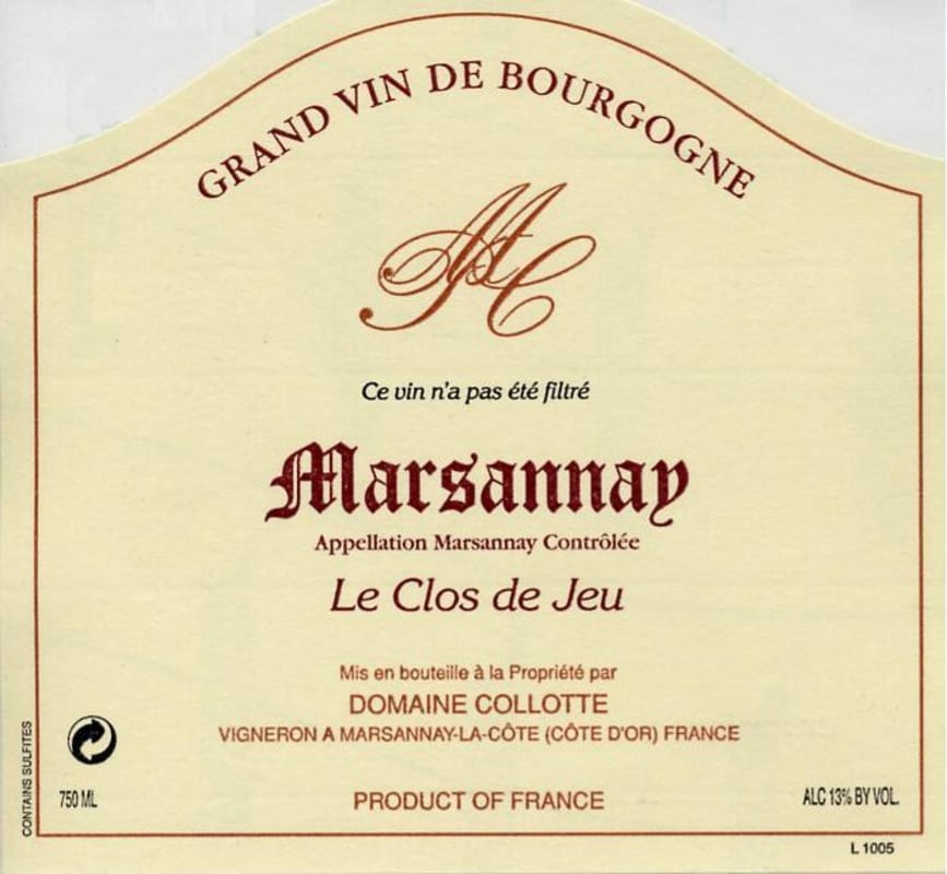 Domaine Collotte Marsannay Le Clos de Jeu 2012 Front Label