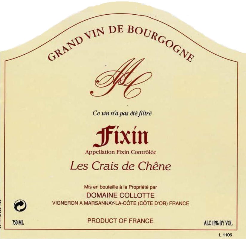 Domaine Collotte Fixin Les Crais de Chene 2009 Front Label