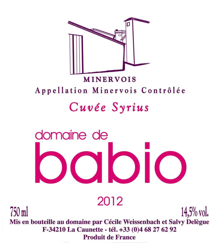 Domaine de Babio Minervois Cuvee Syrius 2012 Front Label
