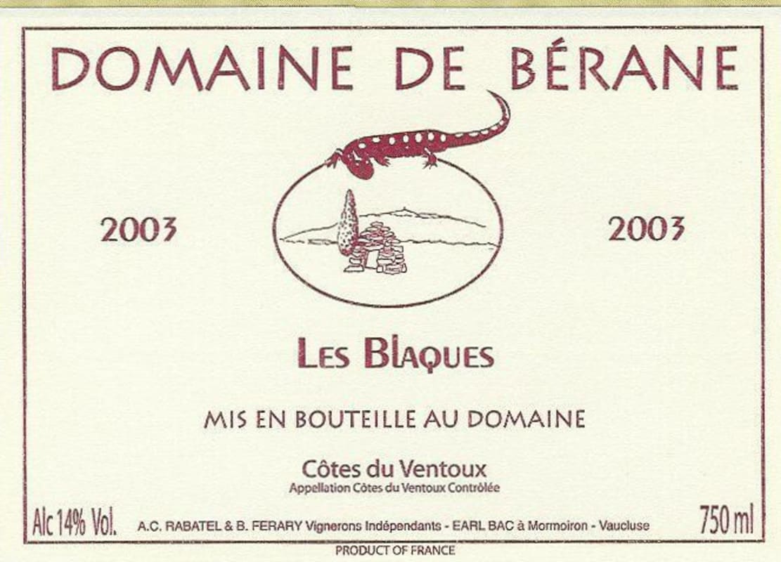 Domaine de Berane Cotes du Ventoux Les Blaques 2003 Front Label
