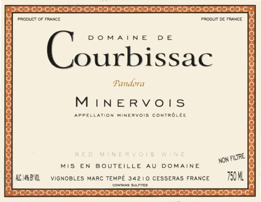 Domaine de Courbissac Minervois Pandora 2012 Front Label