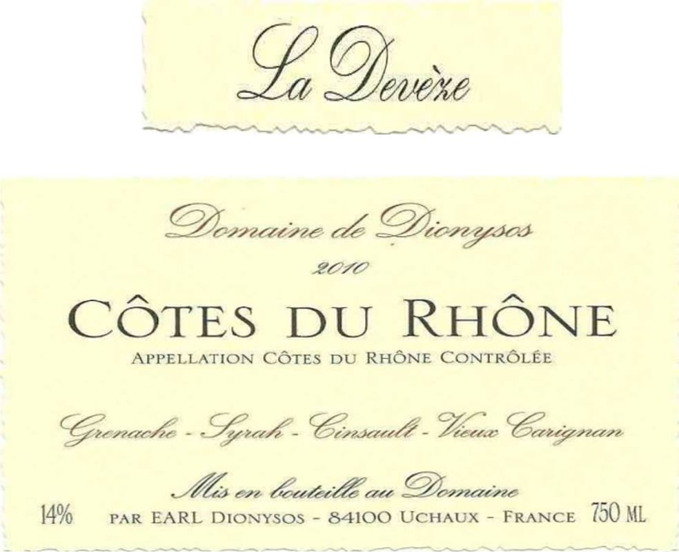 Domaine de Dionysos Cotes du Rhone la Deveze 2010 Front Label