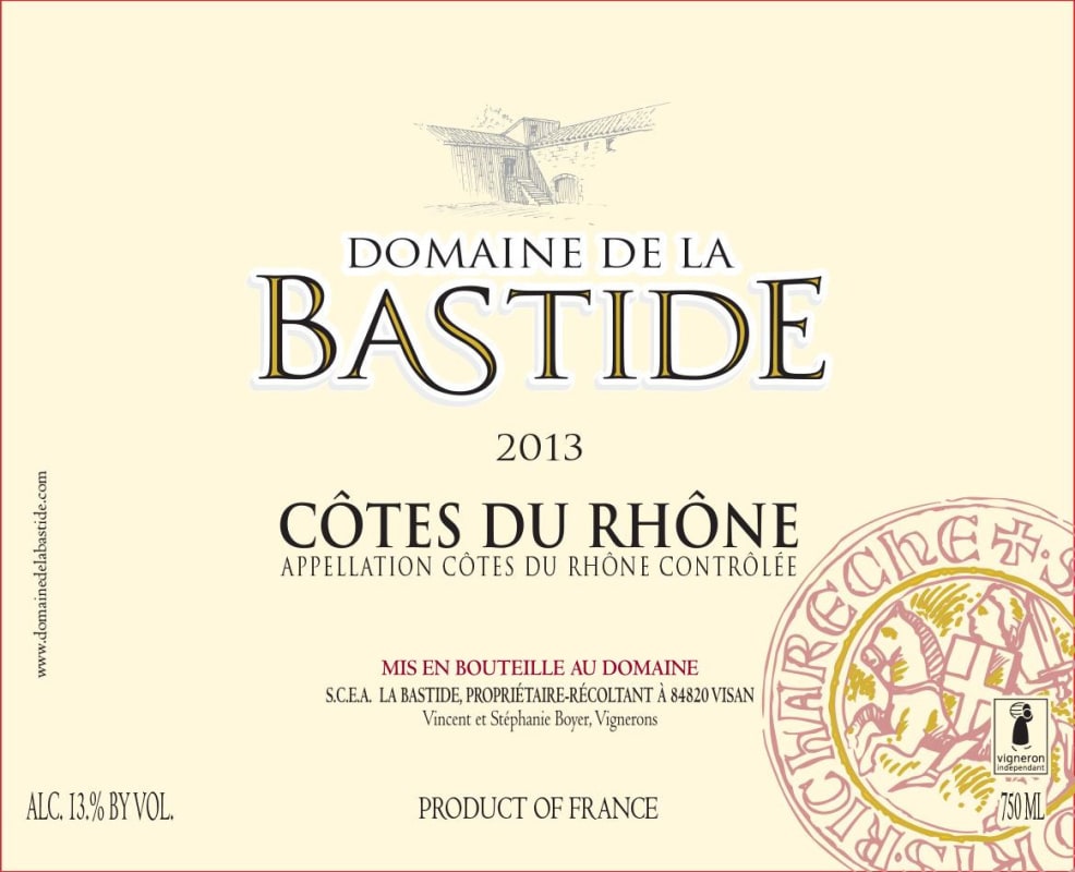 Domaine de la Bastide Cotes du Rhone 2013 Front Label